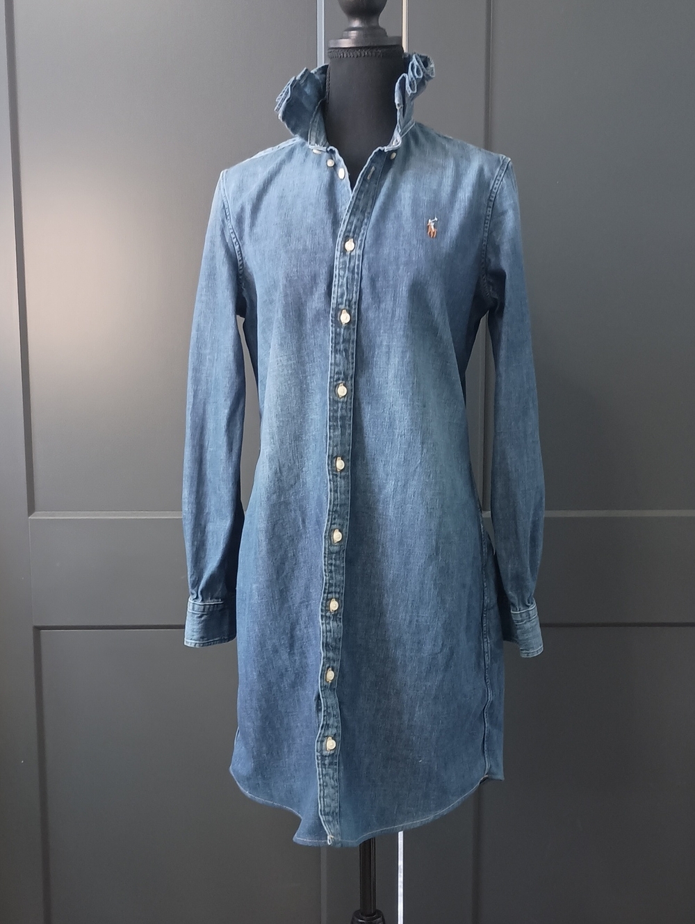 Upcycled Women's Ralph Lauren Denim Ruffle Collar Dress #162